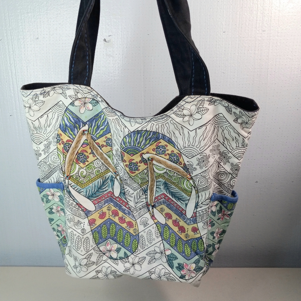 Stephanie Kiker Canvas Colorful Beaded Tote Bag with Braided Cord